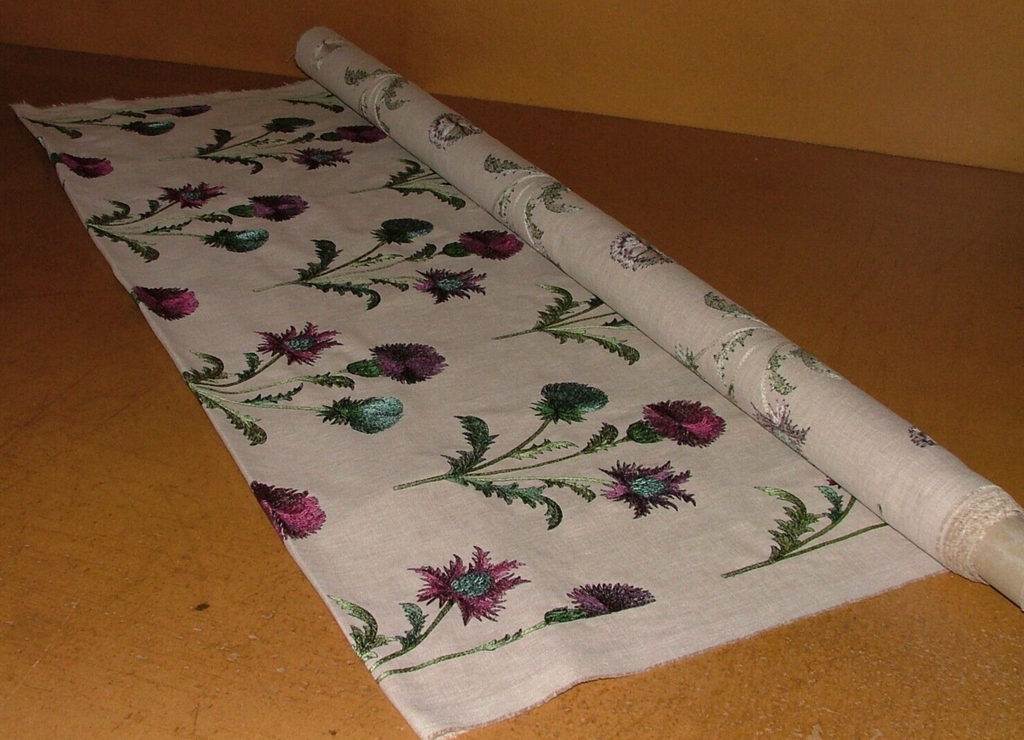 2.5 Metre Embroidered Scottish Thistle Carmine Fabric Curtain Upholstery Cushion