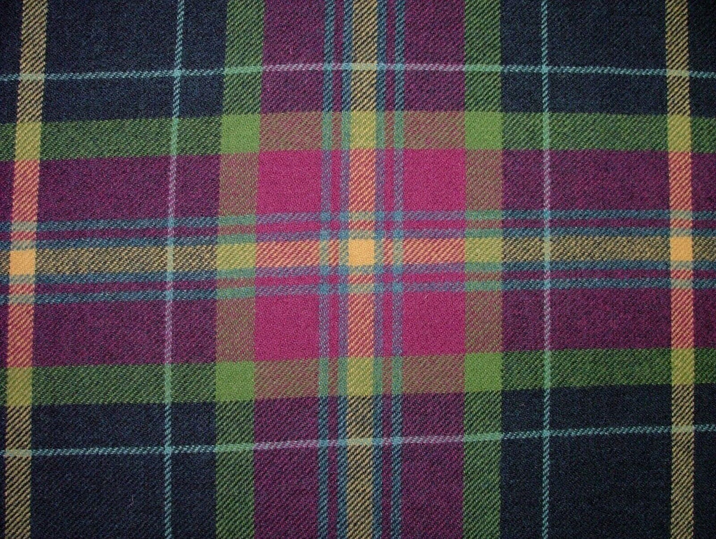 100% Shetland Wool Fuchsia Blue Tartan Check Upholstery Curtain Cushion Fabric