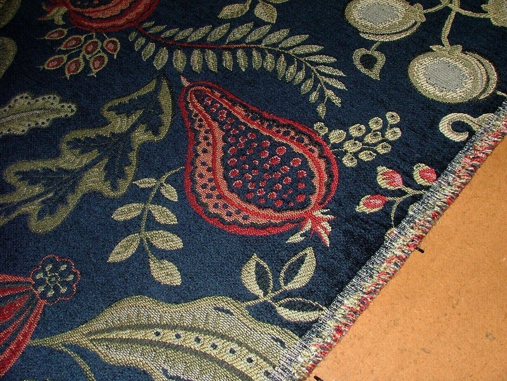 7 Metres Arts And Crafts Summer Fruits Blue Chenille Fabric Curtain Upholstery