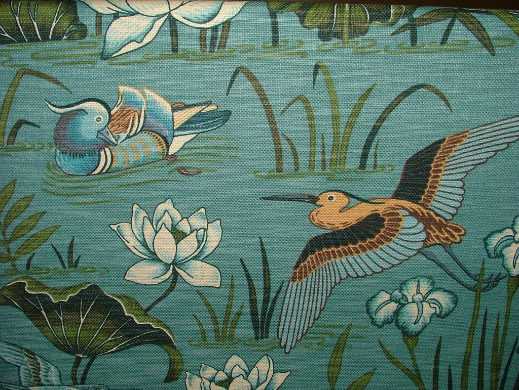 Japanese Water Lily And Birds Blue Linen Blend Curtain Upholstery Cushion Fabric