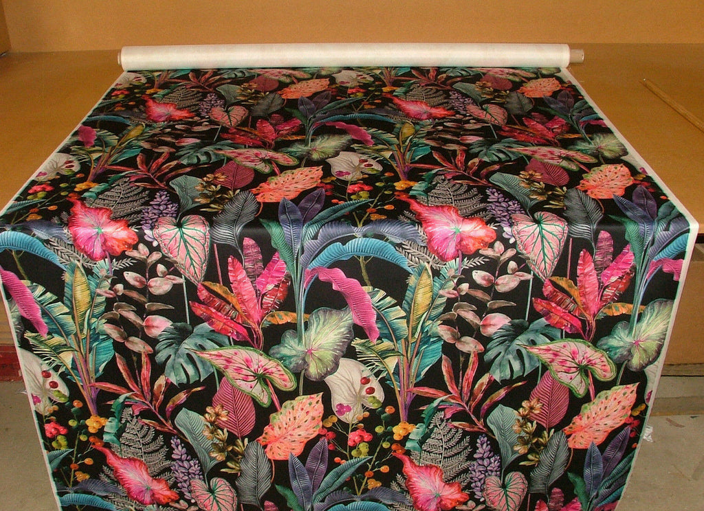 Black Tropical Palms Plants Botanical Velvet Fabric Curtain Upholstery Cushion