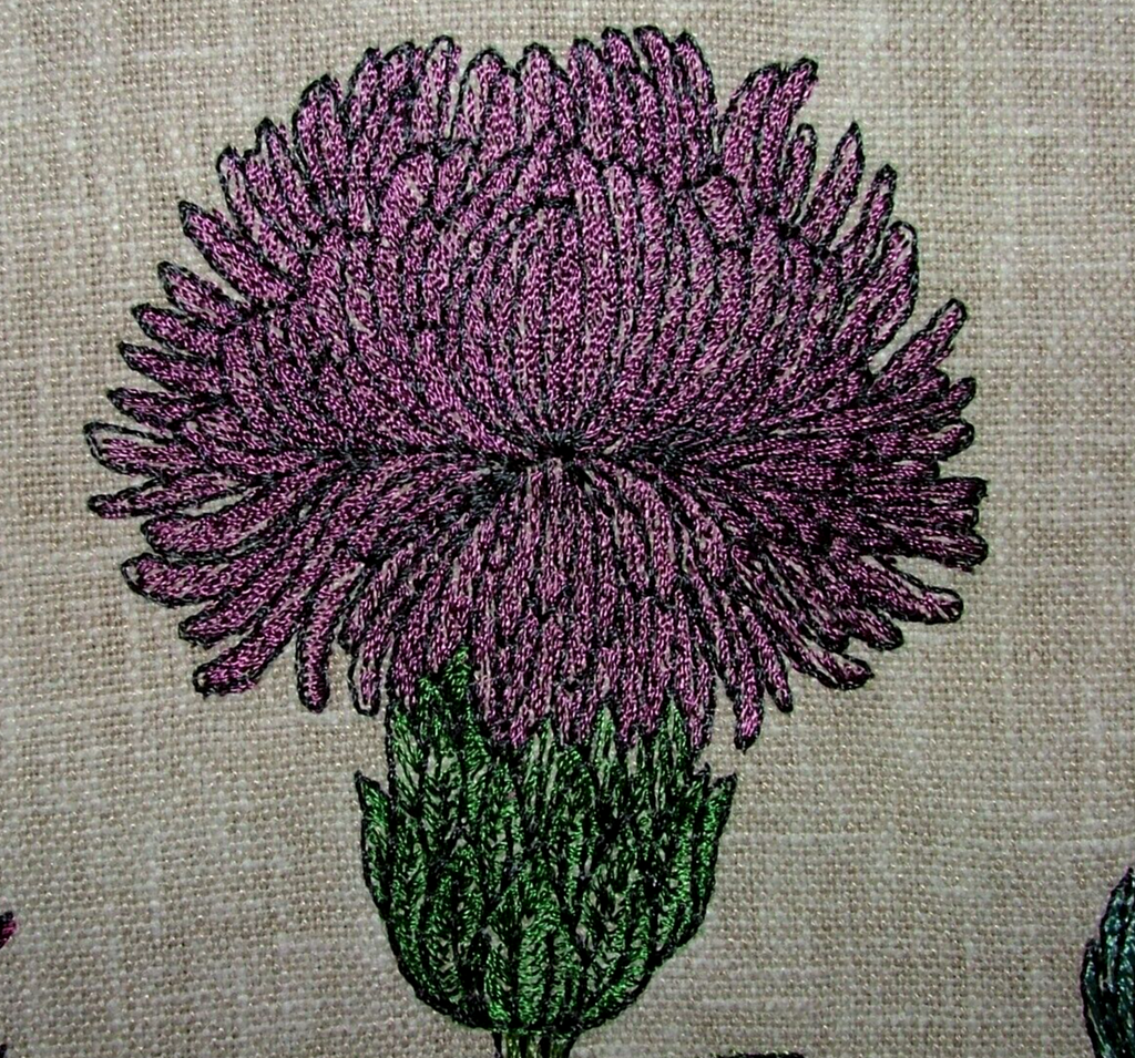 2.5 Metre Embroidered Scottish Thistle Carmine Fabric Curtain Upholstery Cushion