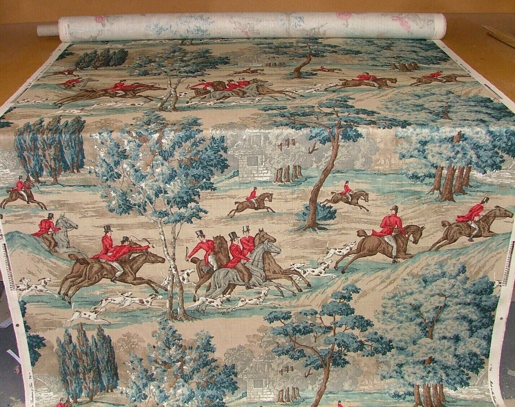 Sanderson Tally Ho Teal Ruby Hunting Horse Linen Fabric Curtain Upholstery Use