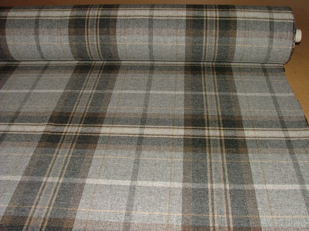 100% Shetland Wool Grey Black Brown Tartan Upholstery Curtain Cushion Fabric