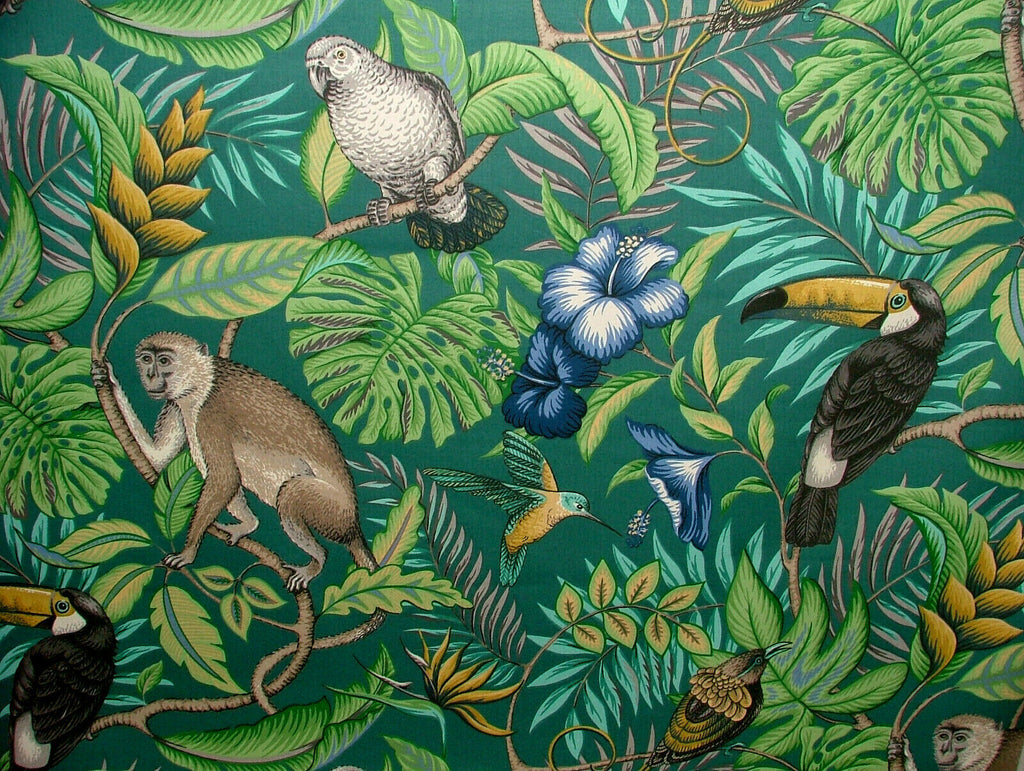 Lagoon Tropical Birds Monkey Cotton Fabric Curtain Upholstery Blind Cushion