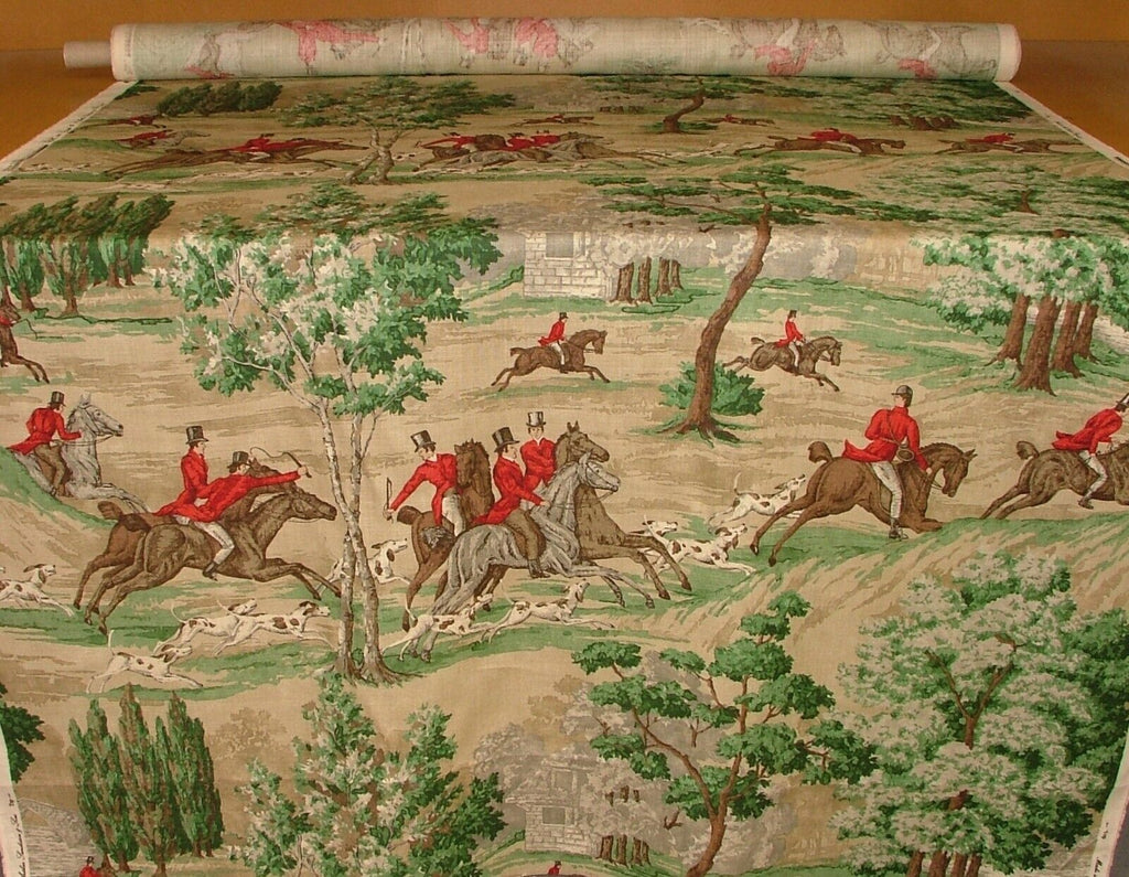 Sanderson Tally Ho Evergreen Crimson Hunting Horse Fabric Curtain Upholstery Use