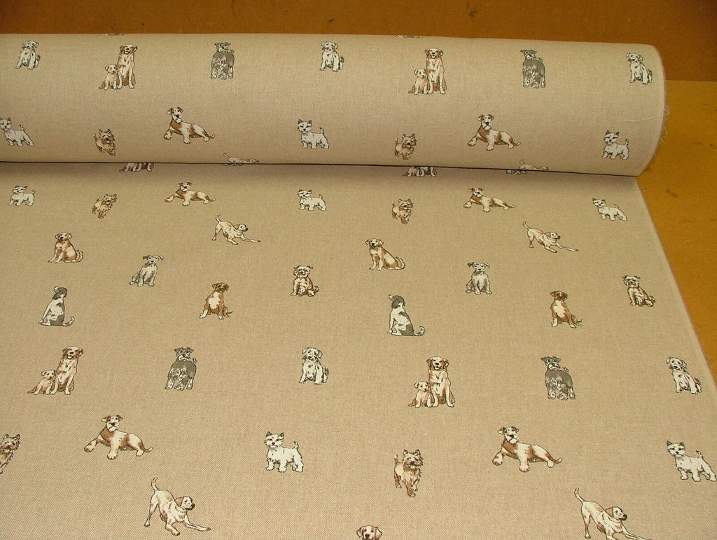 Mini Prints Dogs And Puppies Animals Linen Look Fabric Curtain Upholstery Blinds