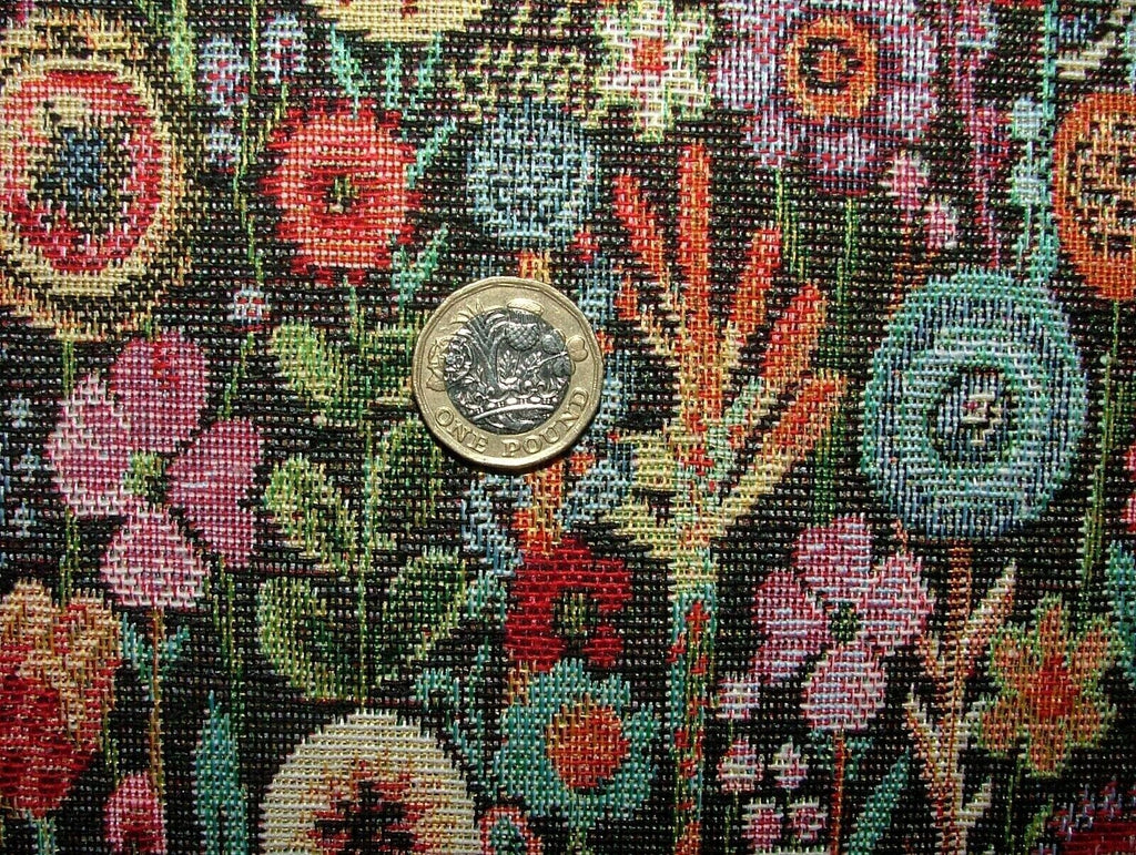 Cottage Garden Floral Black Tapestry Fabric Curtain Upholstery Cushion Throws