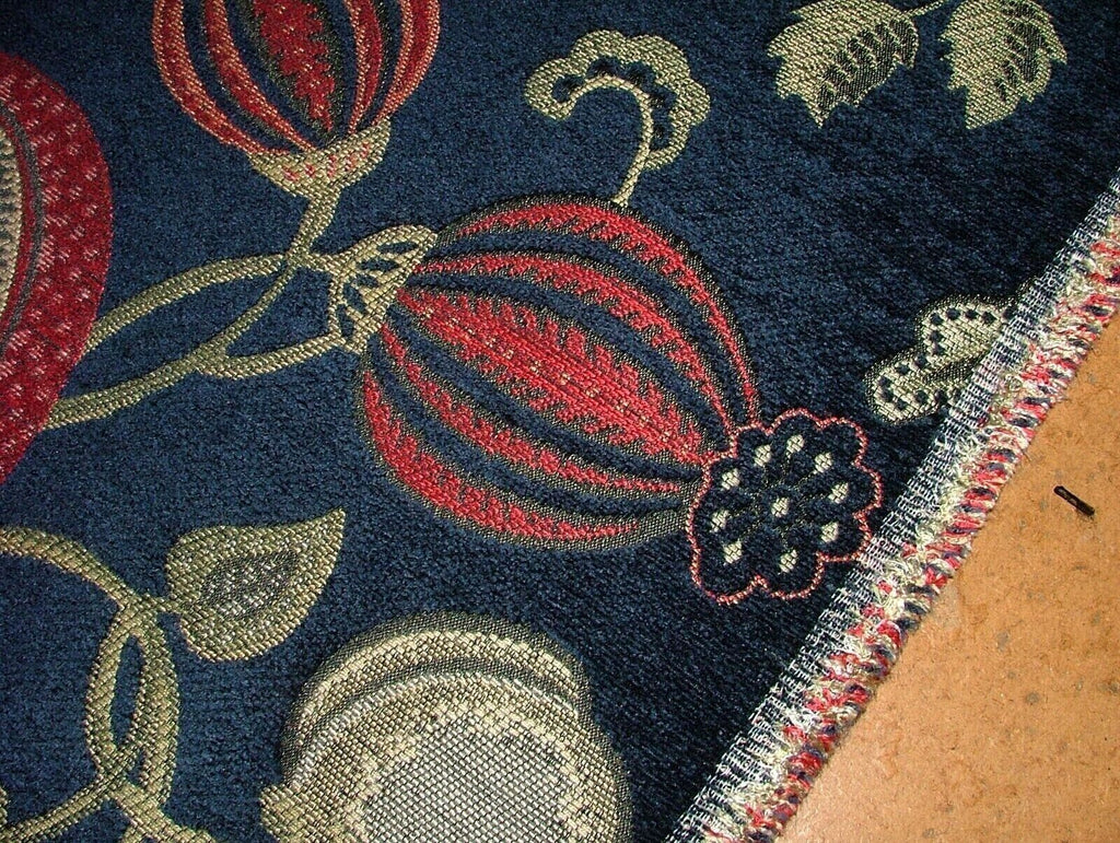 7 Metres Arts And Crafts Summer Fruits Blue Chenille Fabric Curtain Upholstery