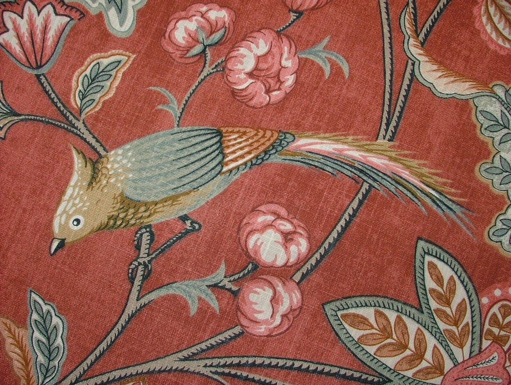 Chanterelle Auburn Ornate Bird Floral Cotton Curtain Upholstery Cushion Fabric