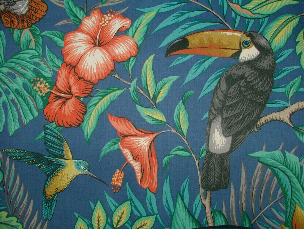 Marine Blue Tropical Birds Monkey Cotton Fabric Curtain Upholstery Blind Cushion