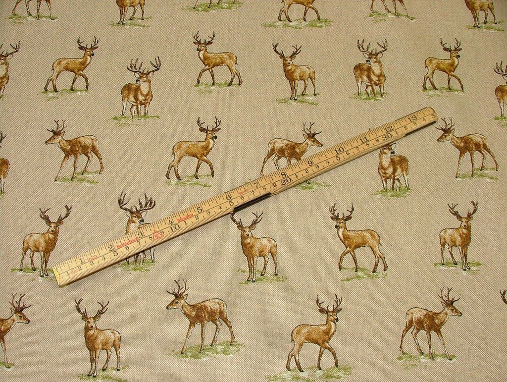 Mini Prints Stags Deer Country Side Animals Linen Look Fabric Curtain Upholstery