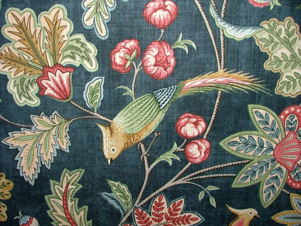 Chanterelle Navy Ornate Bird Floral Cotton Curtain Upholstery Cushion Fabric