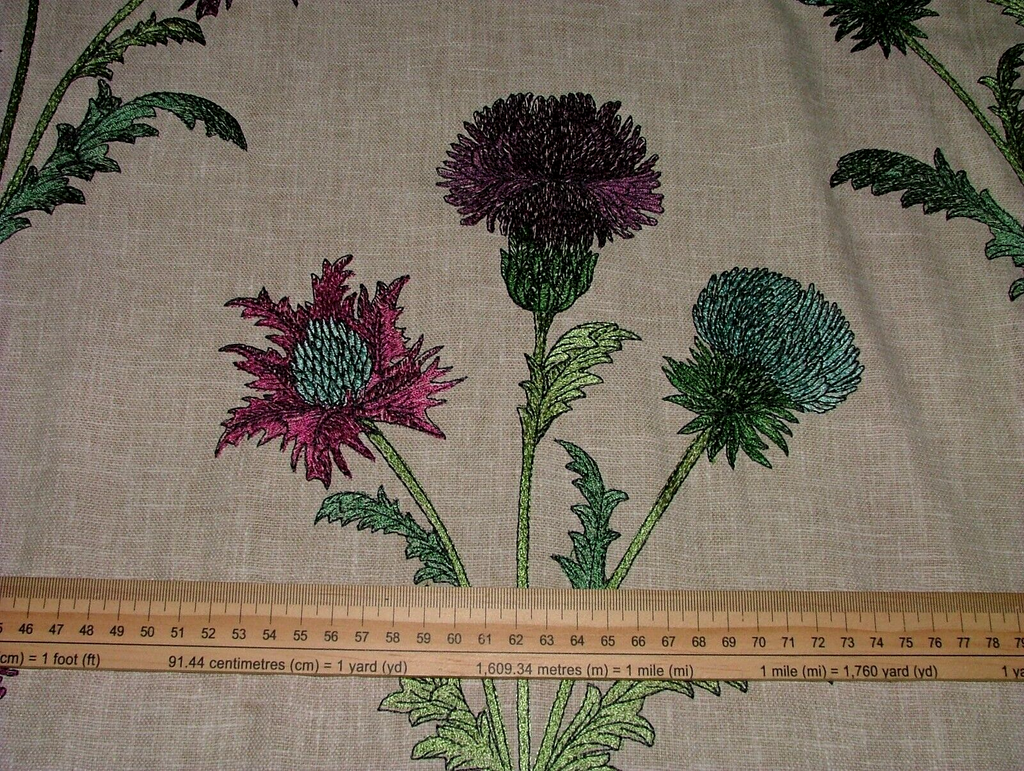 2.5 Metre Embroidered Scottish Thistle Carmine Fabric Curtain Upholstery Cushion