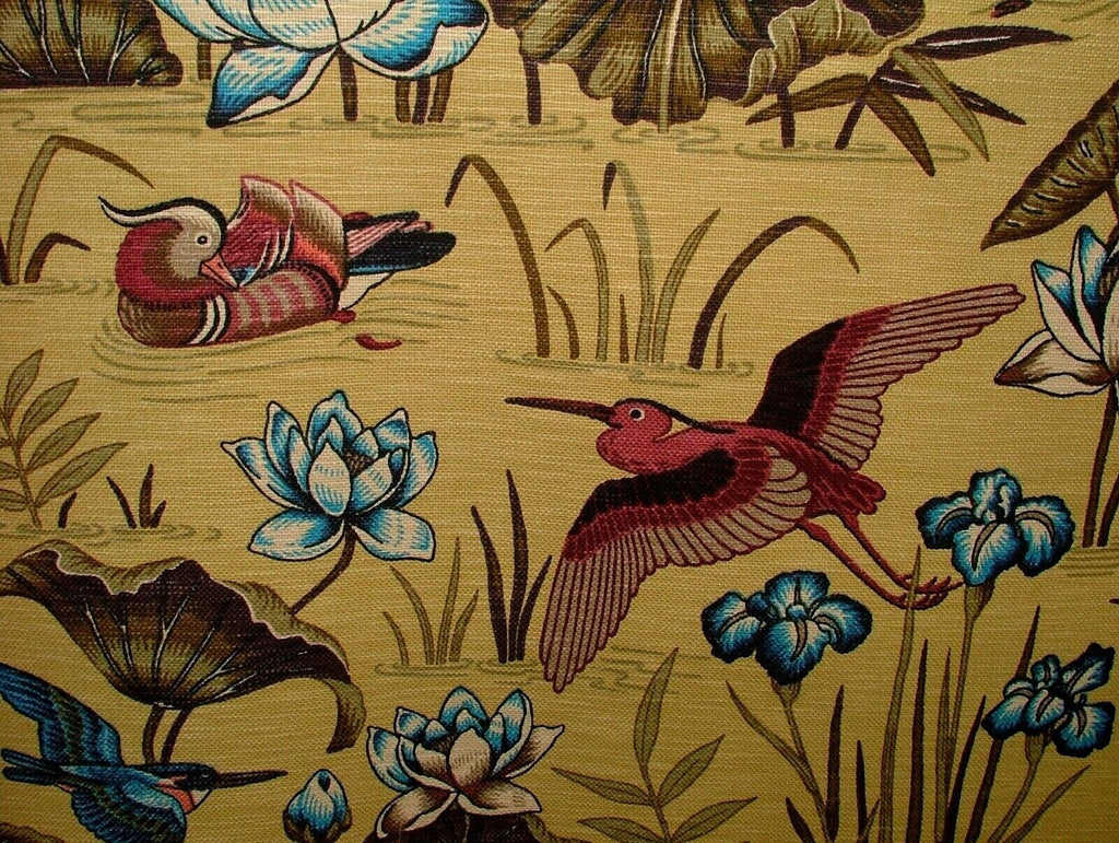 Japanese Water Lily & Birds Mimosa Linen Blend Curtain Upholstery Cushion Fabric