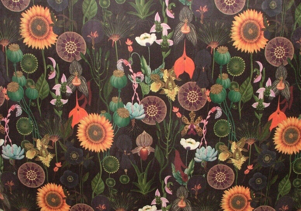 Fantasy Sunflower Noir Black Velvet Fabric Curtain Upholstery Cushion Blind Use