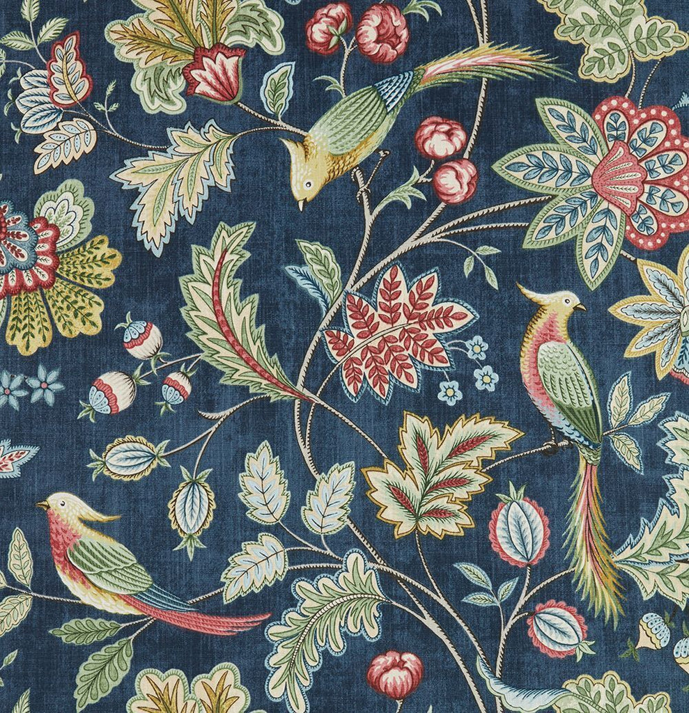 Chanterelle Navy Ornate Bird Floral Cotton Curtain Upholstery Cushion Fabric