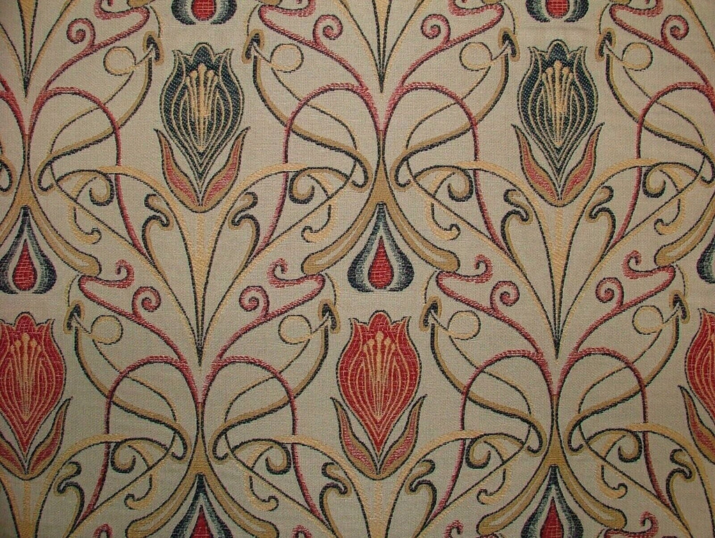 Art Nouveau Tulip Red And Blue Jacquard Curtain Upholstery Cushion Use Fabric