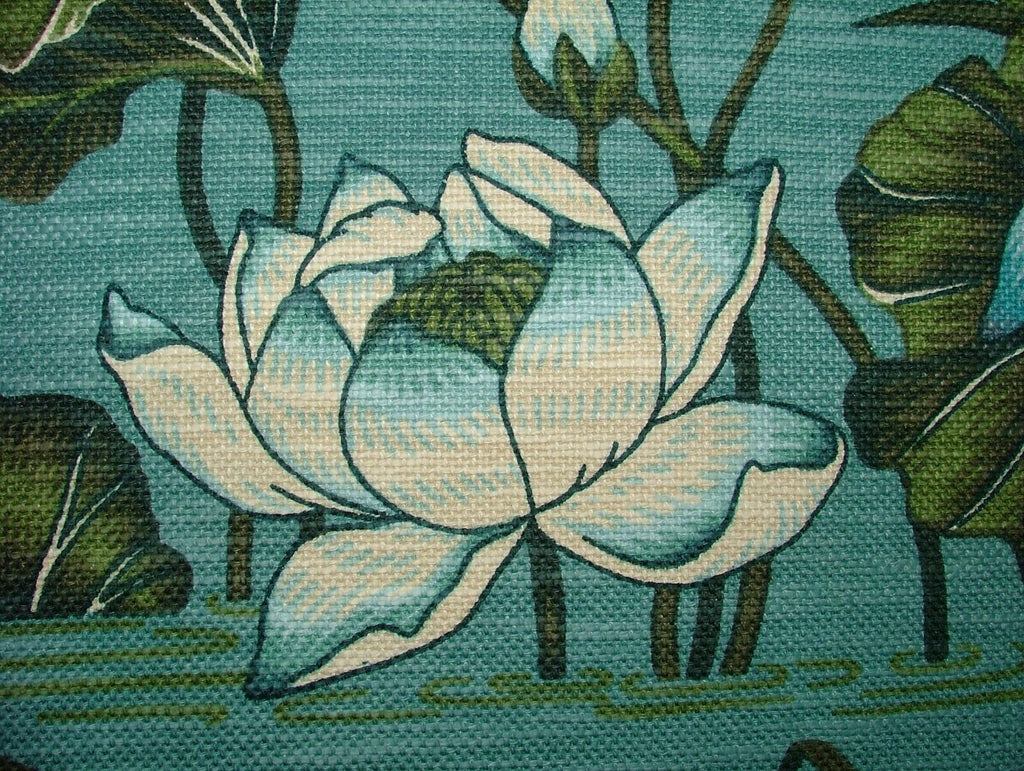 Japanese Water Lily And Birds Blue Linen Blend Curtain Upholstery Cushion Fabric