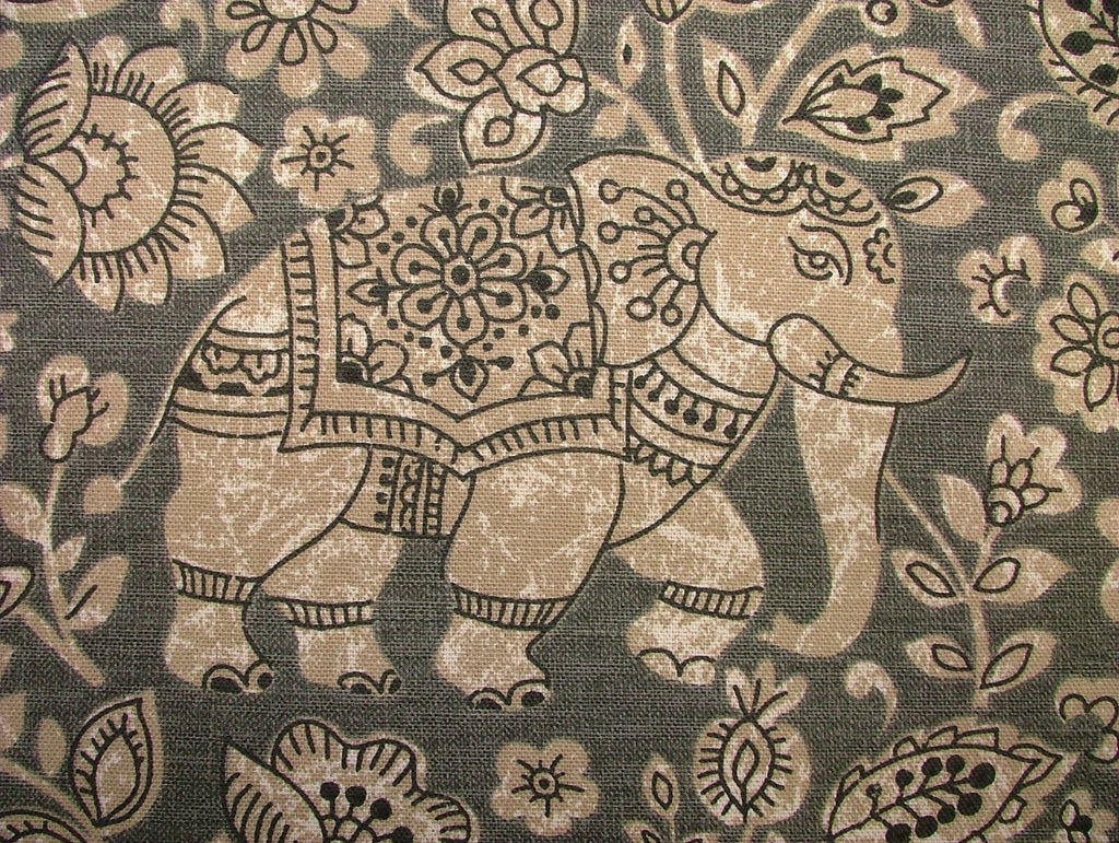 2 Metres Indian Elephant Charcoal Cotton Fabric Cushion Curtain Upholstery