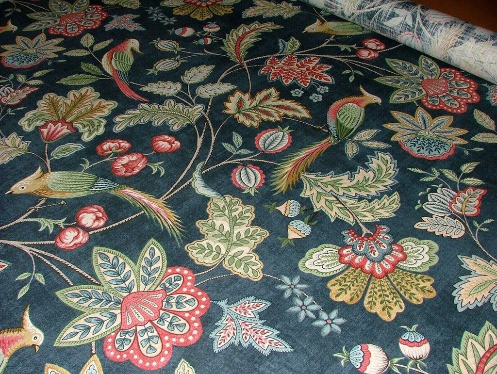 Chanterelle Navy Ornate Bird Floral Cotton Curtain Upholstery Cushion Fabric