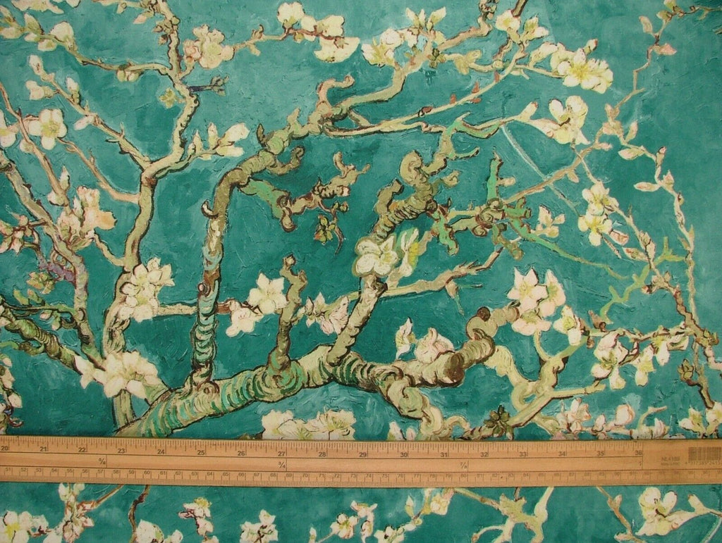 Japanese Cherry Blossom Tree Teal Velvet Fabric Curtain Upholstery Cushion Use