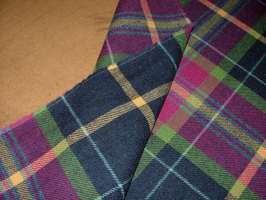 100% Shetland Wool Fuchsia Blue Tartan Check Upholstery Curtain Cushion Fabric