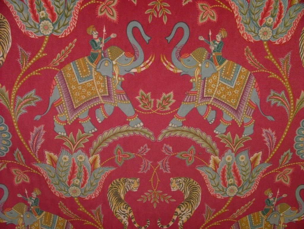 Indian Elephant Tiger Cerise Velvet Fabric Curtain Upholstery Cushion