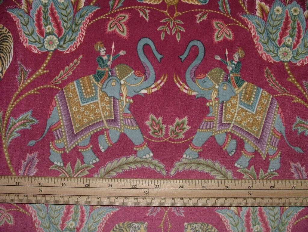 Indian Elephant Tiger Cerise Velvet Fabric Curtain Upholstery Cushion