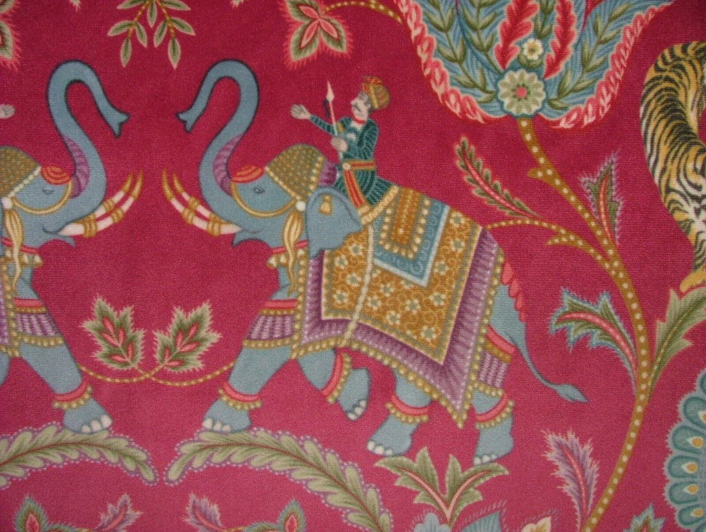 Indian Elephant Tiger Cerise Velvet Fabric Curtain Upholstery Cushion