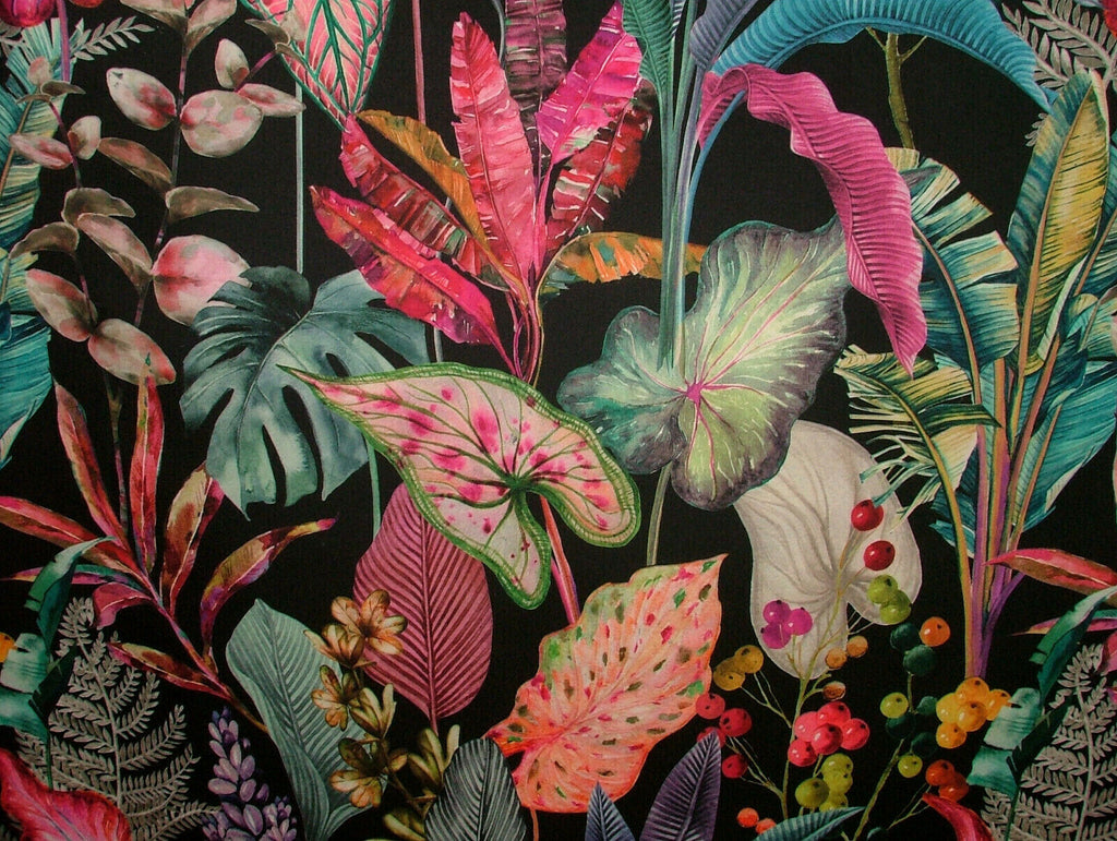 Black Tropical Palms Plants Botanical Velvet Fabric Curtain Upholstery Cushion