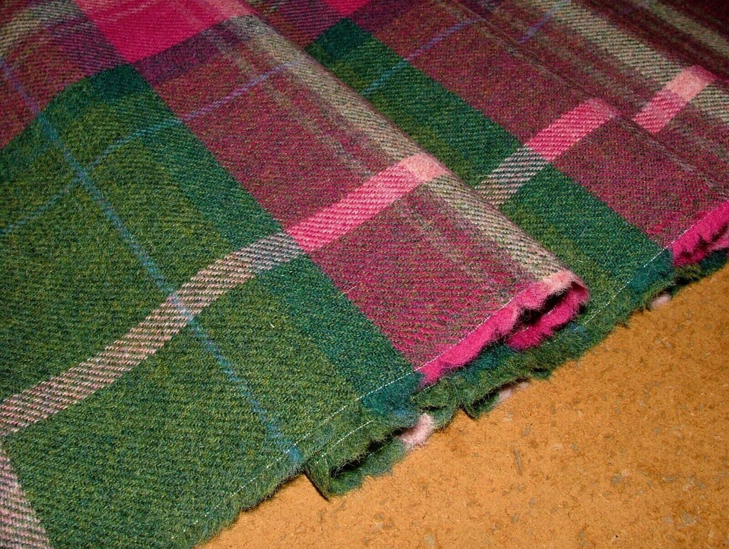 100% Shetland Wool Pink  & Spruce Tartan Check Upholstery Curtain Cushion Fabric