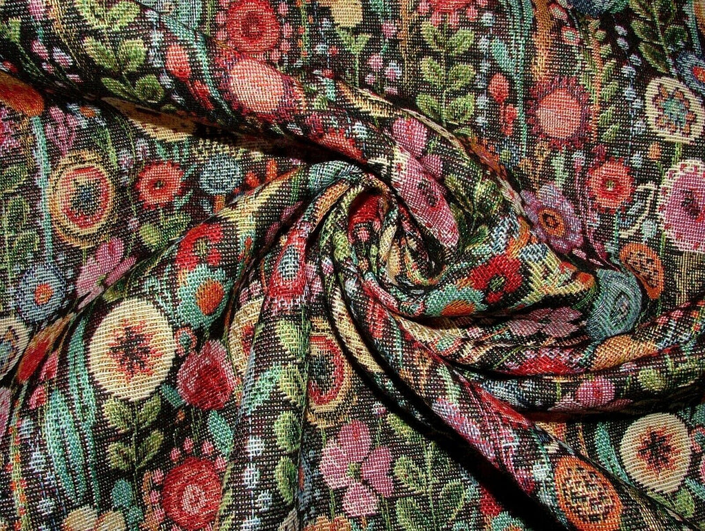 Cottage Garden Floral Black Tapestry Fabric Curtain Upholstery Cushion Throws