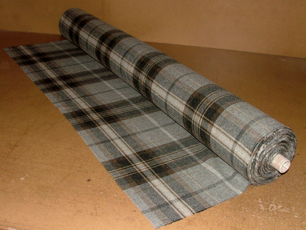 100% Shetland Wool Grey Black Brown Tartan Upholstery Curtain Cushion Fabric