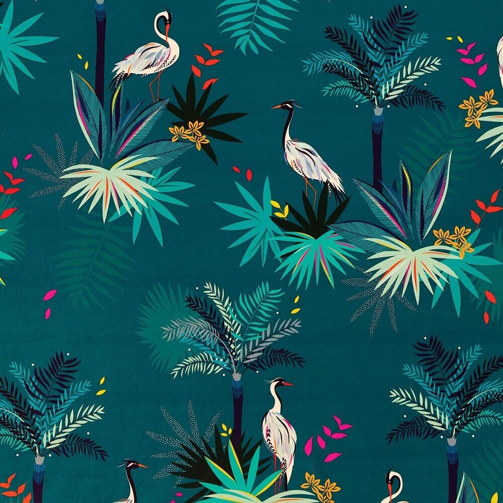 7.5 Metre Sara Miller Heron Teal Tropical Plush Velvet Fabric Curtain Upholstery