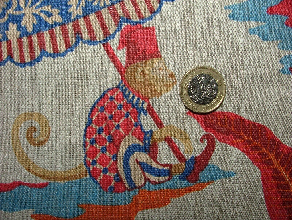 Monkey Parasol Rouge Red French 100% Linen Fabric Curtain Cushion Upholstery