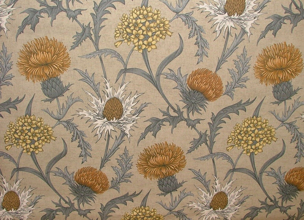 Scottish Thistle Ochre Cotton Curtain Upholstery Cushion Roman Blind Fabric