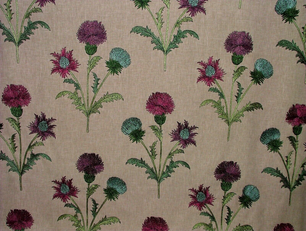 2.5 Metre Embroidered Scottish Thistle Carmine Fabric Curtain Upholstery Cushion