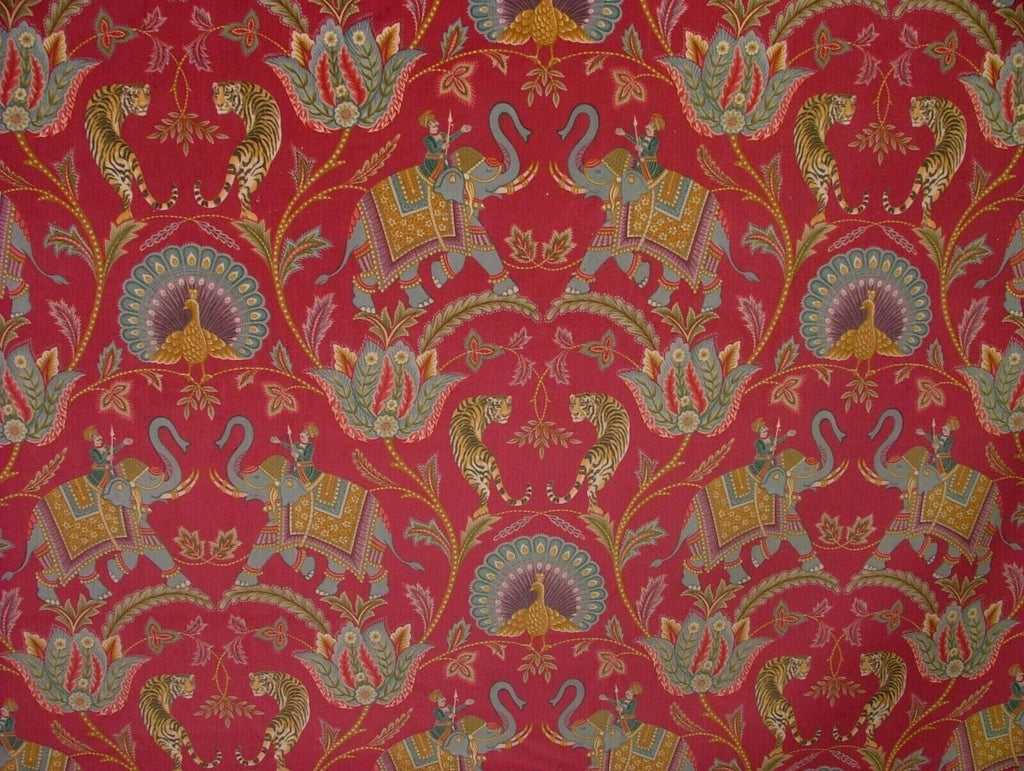 Indian Elephant Tiger Cerise Velvet Fabric Curtain Upholstery Cushion