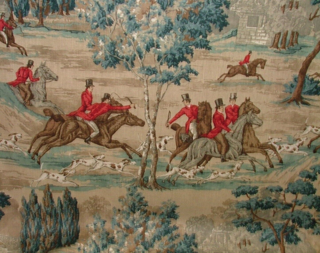 Sanderson Tally Ho Teal Ruby Hunting Horse Linen Fabric Curtain Upholstery Use