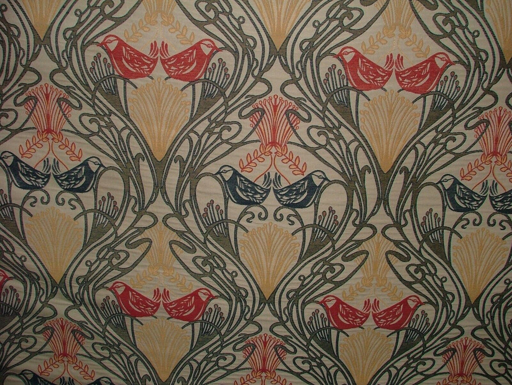 Art Nouveau Bird Red Blue Jacquard Curtain Upholstery Cushion Multi Use Fabric