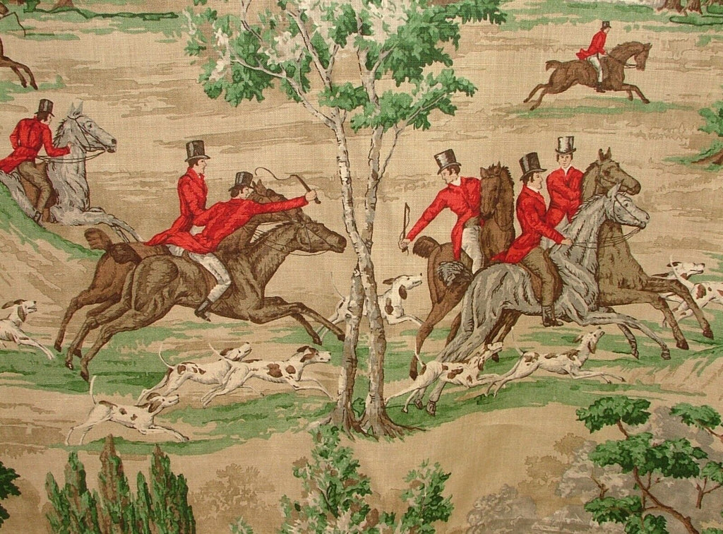 Sanderson Tally Ho Evergreen Crimson Hunting Horse Fabric Curtain Upholstery Use