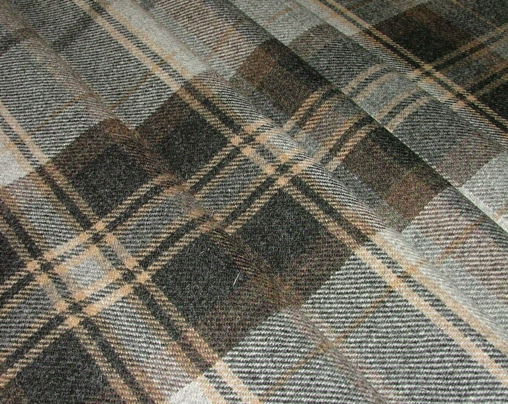 100% Shetland Wool Grey Black Brown Tartan Upholstery Curtain Cushion Fabric