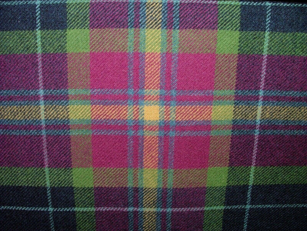 100% Shetland Wool Fuchsia Blue Tartan Check Upholstery Curtain Cushion Fabric