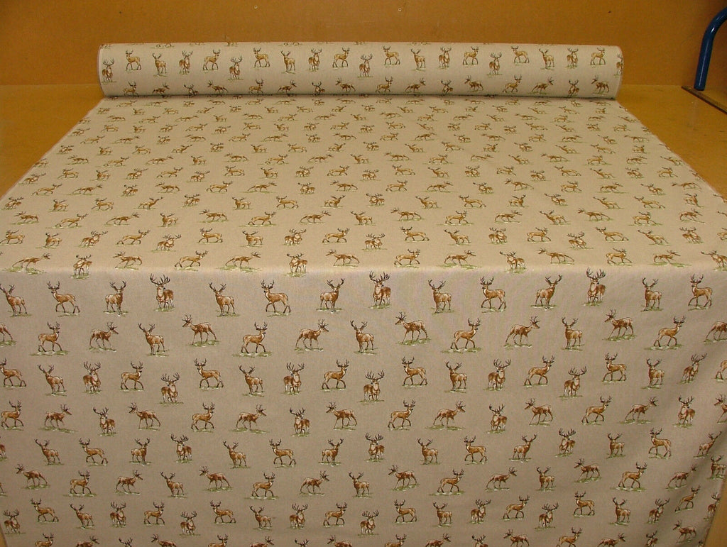 Mini Prints Stags Deer Country Side Animals Linen Look Fabric Curtain Upholstery