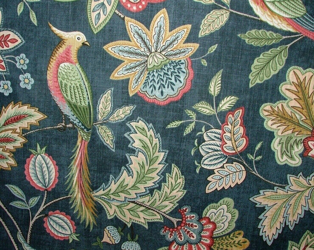 Chanterelle Navy Ornate Bird Floral Cotton Curtain Upholstery Cushion Fabric