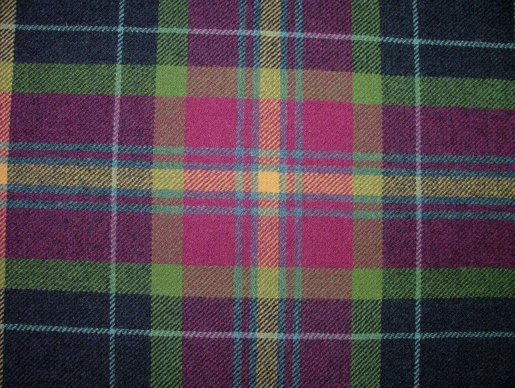 100% Shetland Wool Fuchsia Blue Tartan Check Upholstery Curtain Cushion Fabric