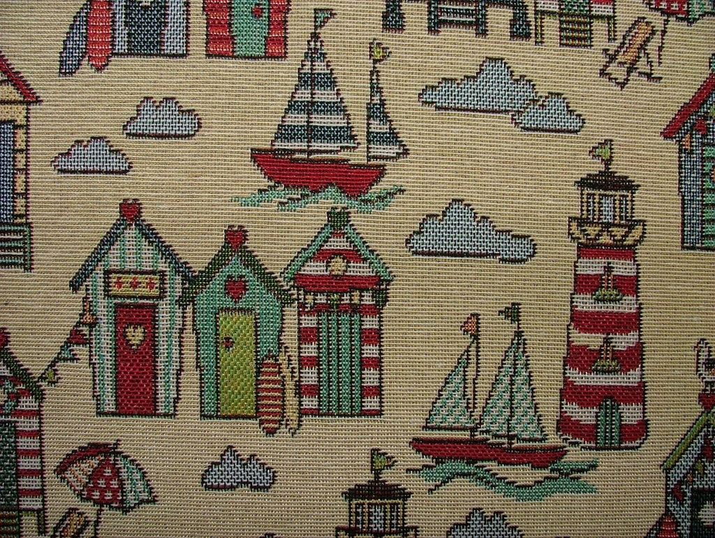 Tapestry Beach Huts Nautical Fabric Curtain Upholstery Cushion Craft Bag Making