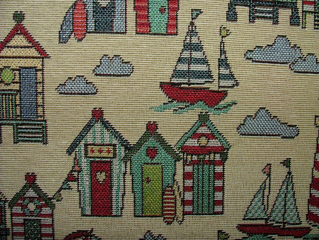 Tapestry Beach Huts Nautical Fabric Curtain Upholstery Cushion Craft Bag Making