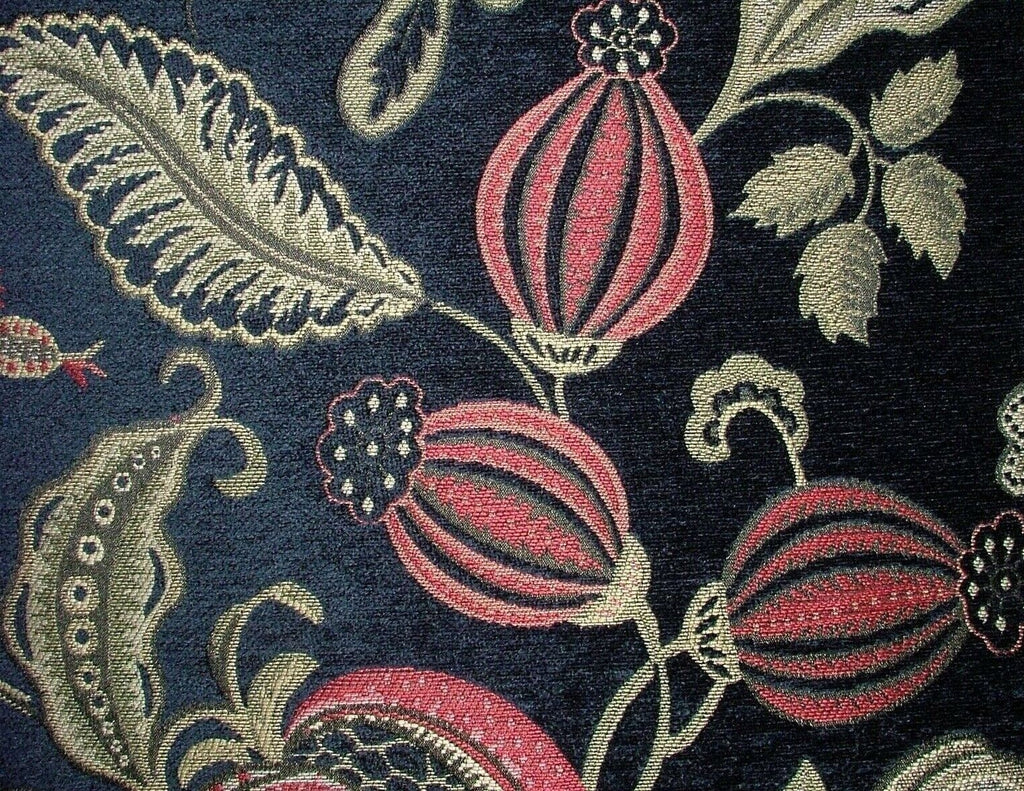 7 Metres Arts And Crafts Summer Fruits Blue Chenille Fabric Curtain Upholstery